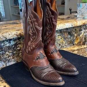 LUCCHESE  1883-two-tone Brown Lizard Cowboy Boots